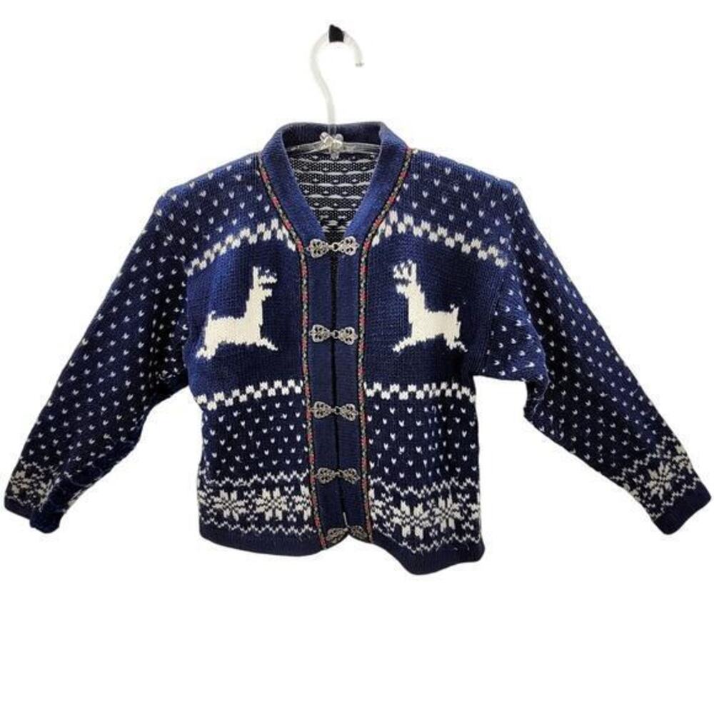 Skyr Vintage Reindeer Nordic Fair Isle Metal‎ Toggle Cardigan Sweater Jacket